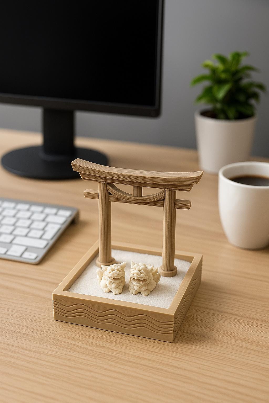 Japanese Style Torii Gate Desktop Zen Garden with Okinawa Shisha Dogs
